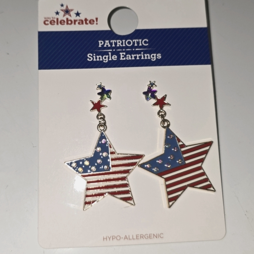 Patriotic Flag Star Post Dangle Earrings Red White Blue Hypo-Allergenic New